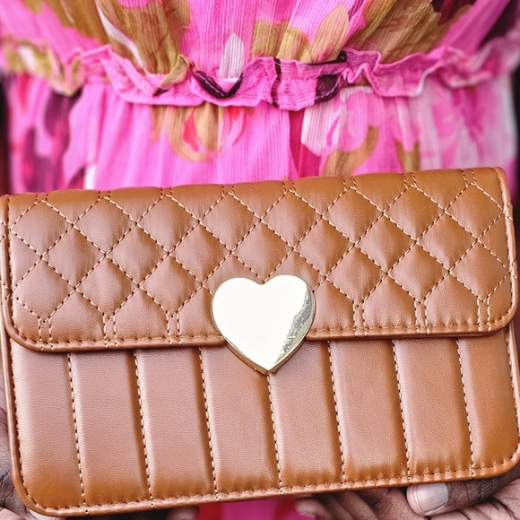 W for Women Tan Quilted Clutch with Heart Accent - Picture 1 of 5